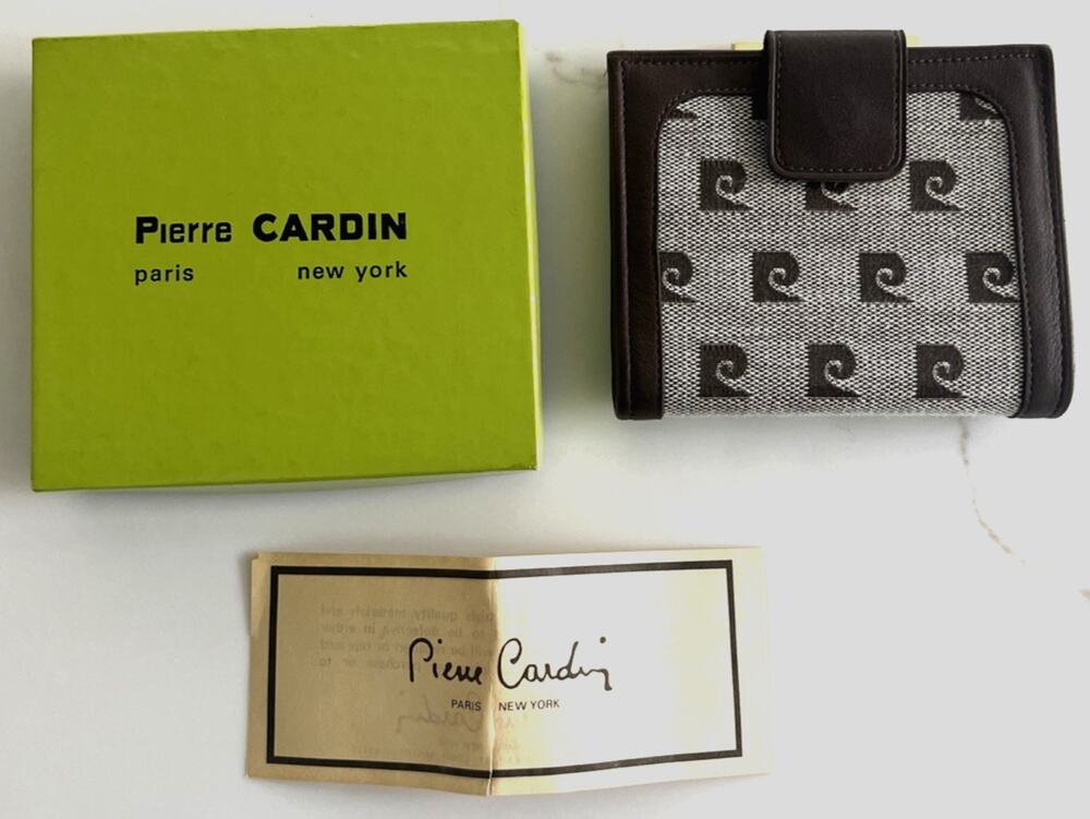 Pierre Cardin Vintage Monogram French Purse Brown Leather NIB NOS Box Paperwork